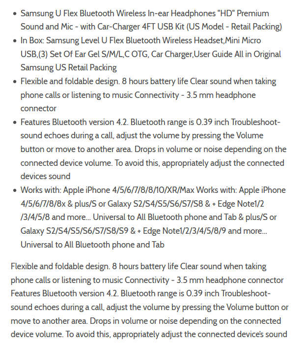 Samsung U Flex Bluetooth Wireless in-Ear Headphones HD Premium Sound and Mic